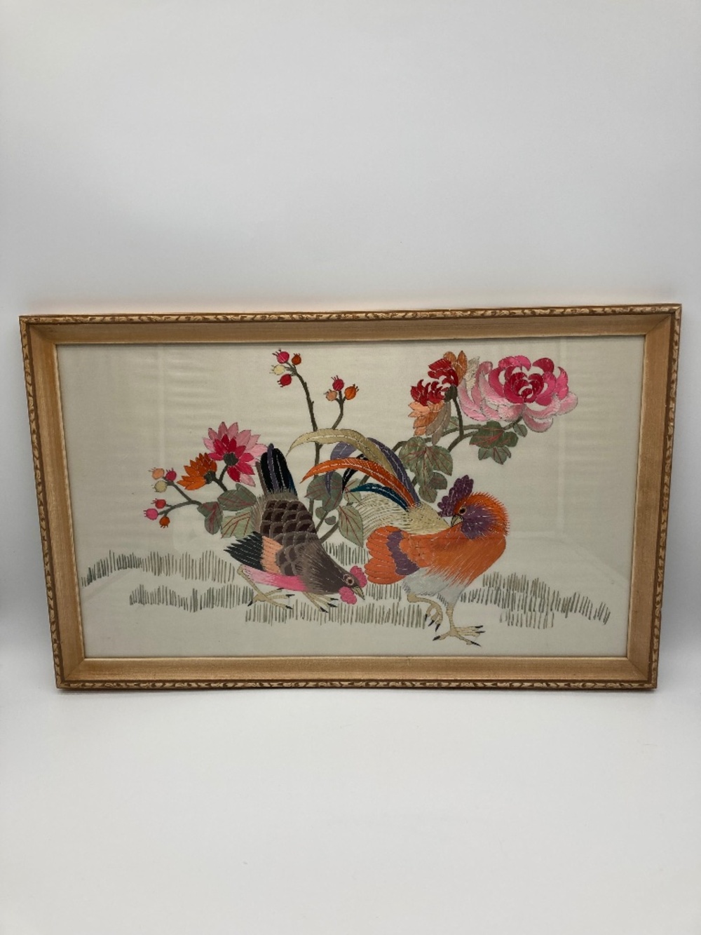 Vintage Chinese Silk Embroidery Framed Art Roosters Chickens Floral Framed